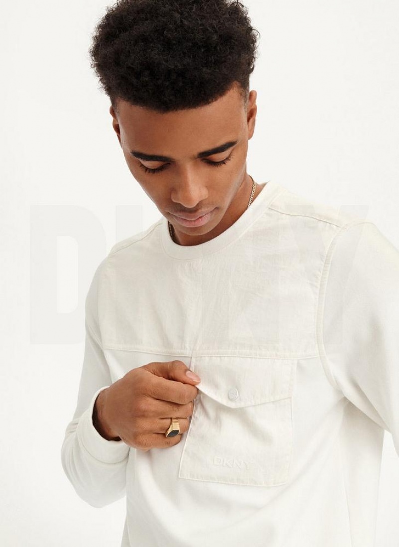 White DKNY Mixed Media Pocket Long Sleeve Knit Men's T Shirts | USA-D1047