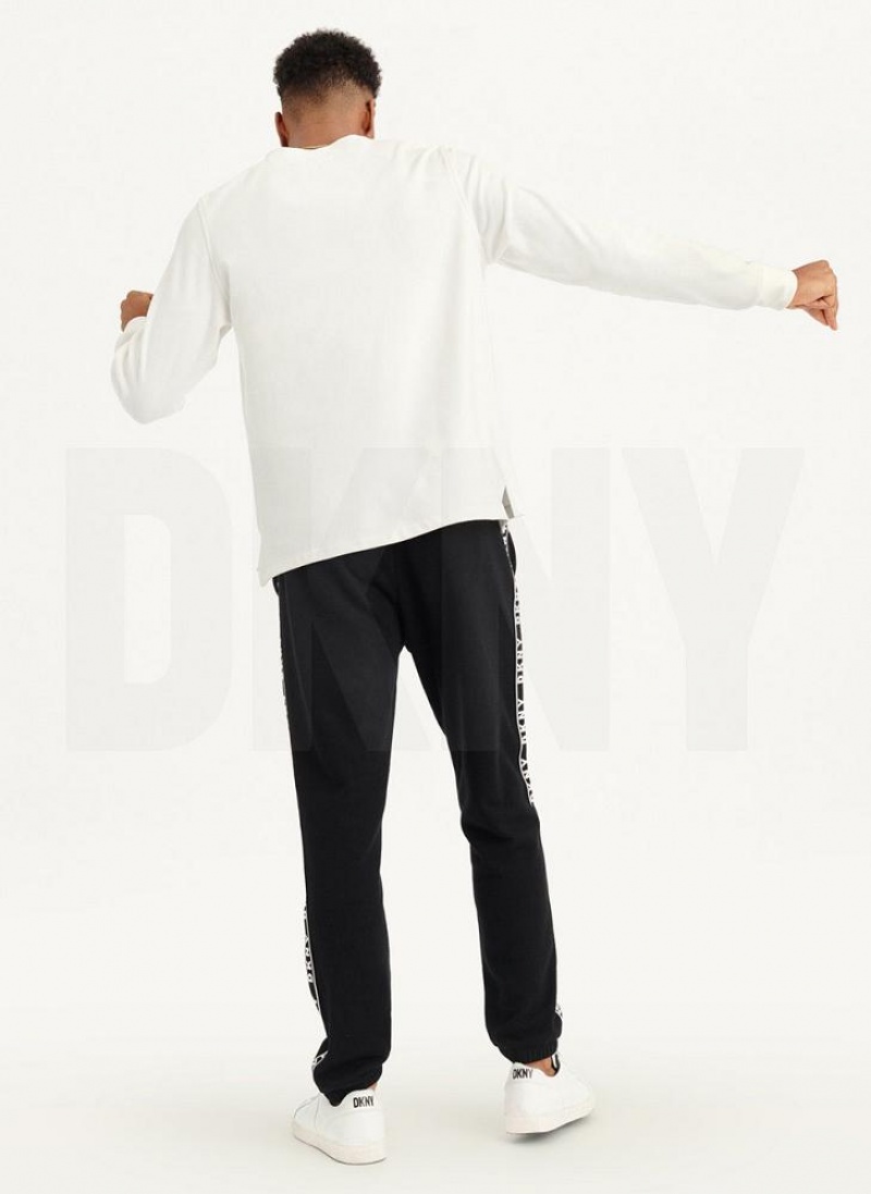 White DKNY Mixed Media Pocket Long Sleeve Knit Men's T Shirts | USA-D1047
