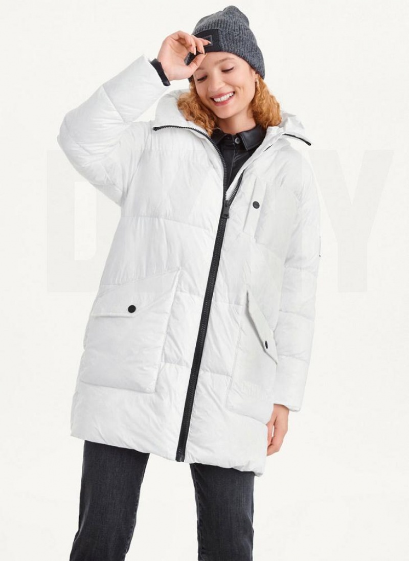 White DKNY Oversized Token Logo Puffer Women\'s Coats | USA-D1408