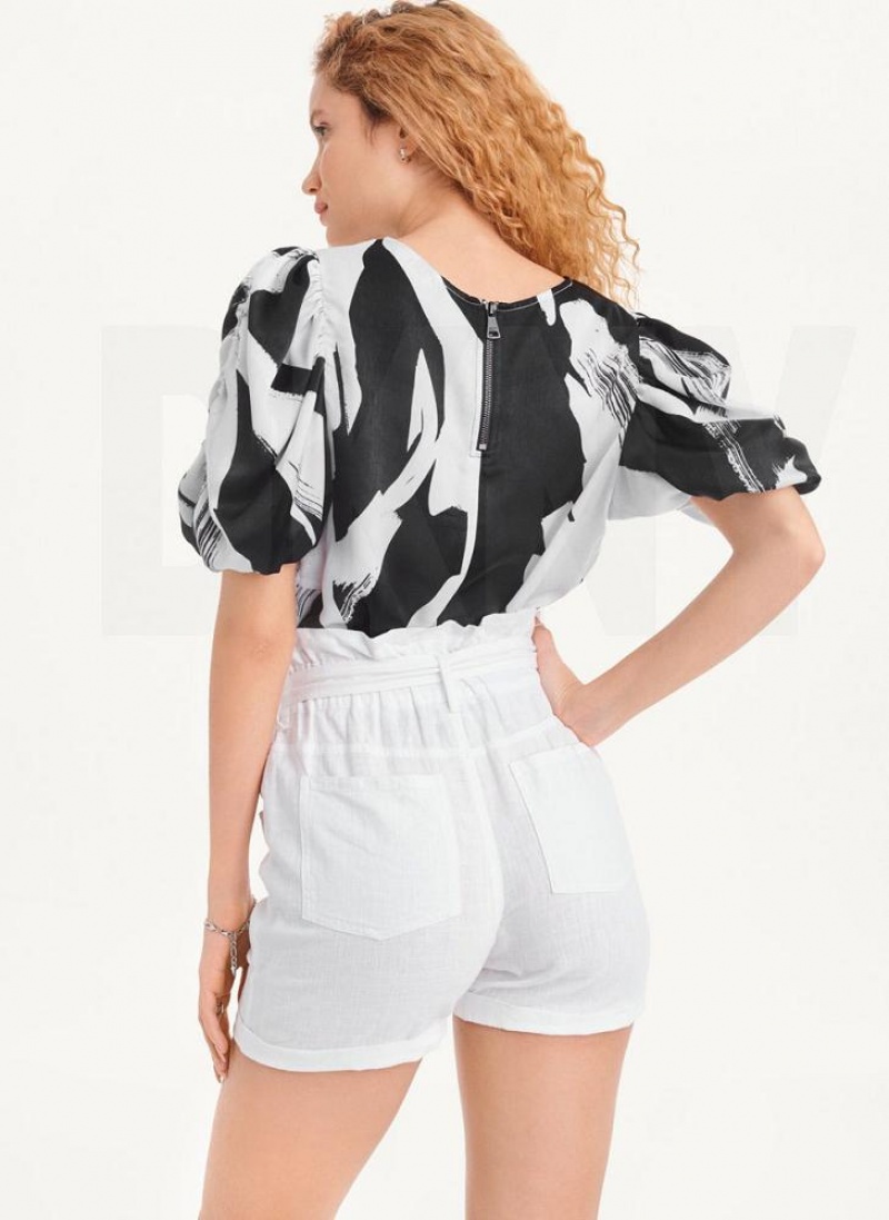 White DKNY Paperbag Waist Linen Women's Shorts | USA-D0803