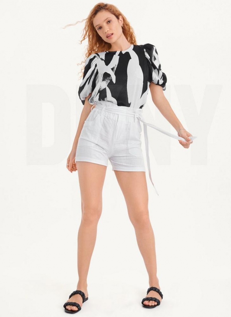 White DKNY Paperbag Waist Linen Women's Shorts | USA-D0803