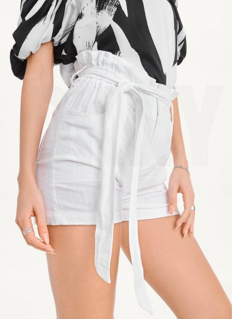 White DKNY Paperbag Waist Linen Women\'s Shorts | USA-D0803