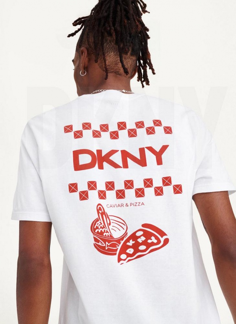 White DKNY Pizza And Caviar Men's T Shirts | USA-D1958