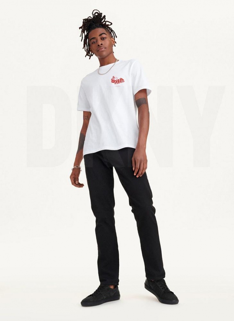 White DKNY Pizza And Caviar Men's T Shirts | USA-D1958