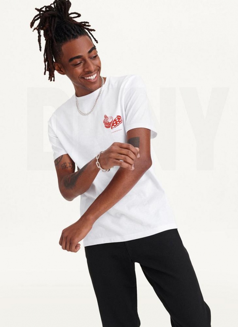 White DKNY Pizza And Caviar Men's T Shirts | USA-D1958
