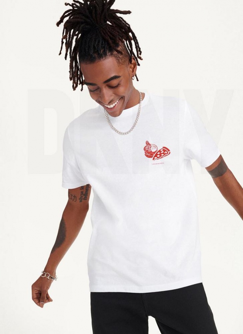 White DKNY Pizza And Caviar Men's T Shirts | USA-D1958