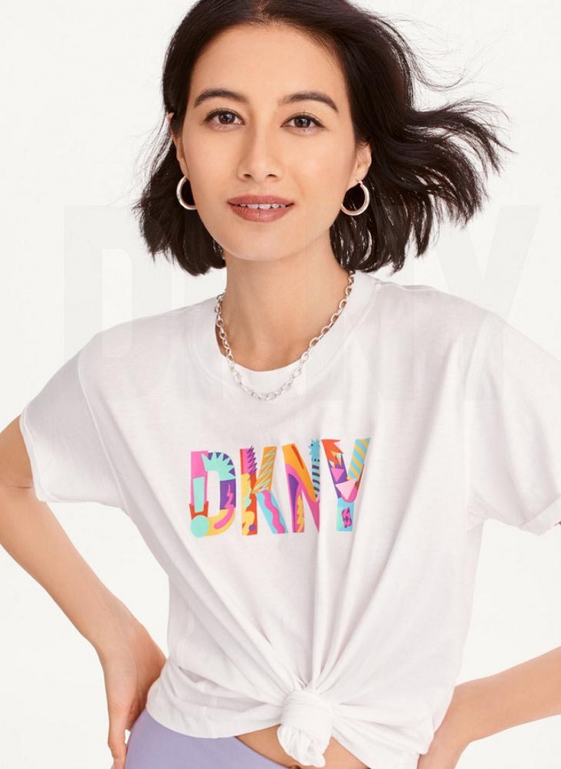 White DKNY Pride Logo Knot Front Women's T Shirts | USA-D0652
