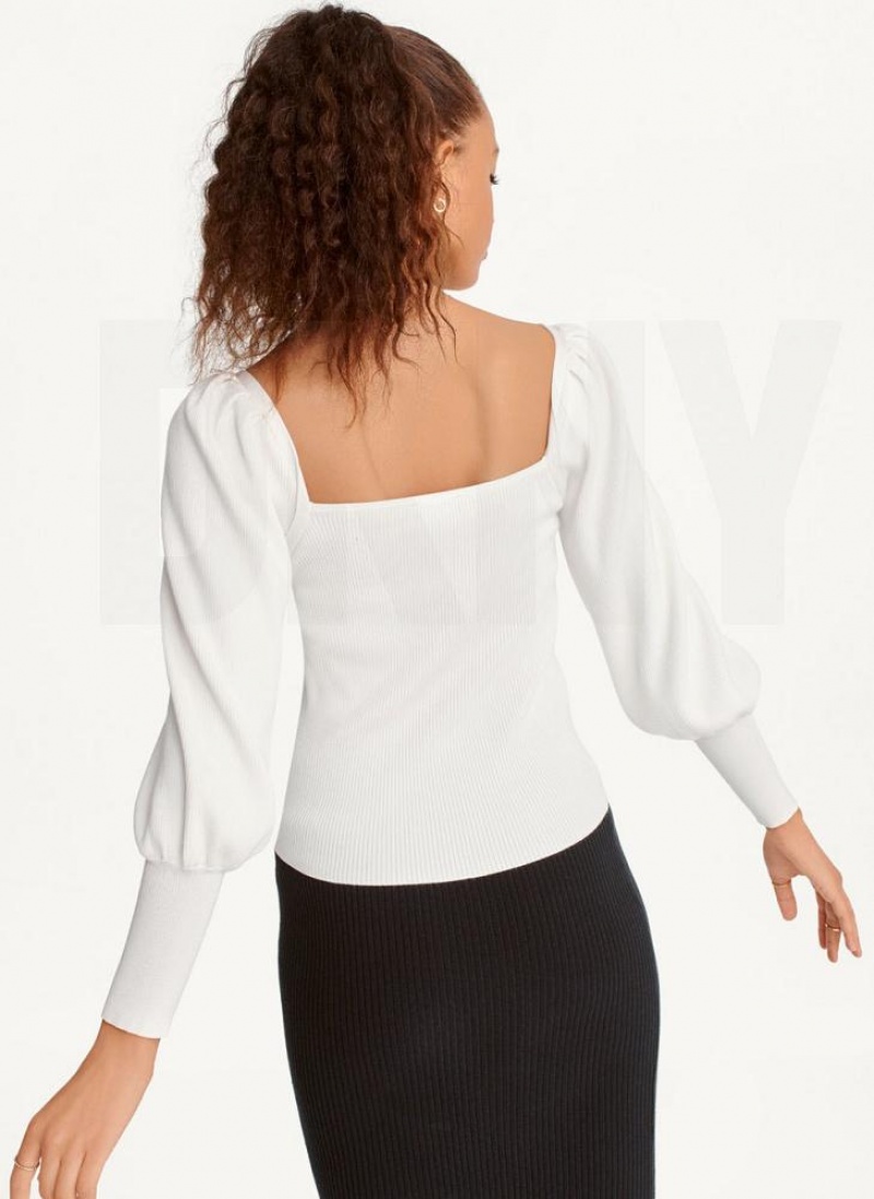 White DKNY Puff-Sleeve Sweatheart Women's Sweaters | USA-D1119
