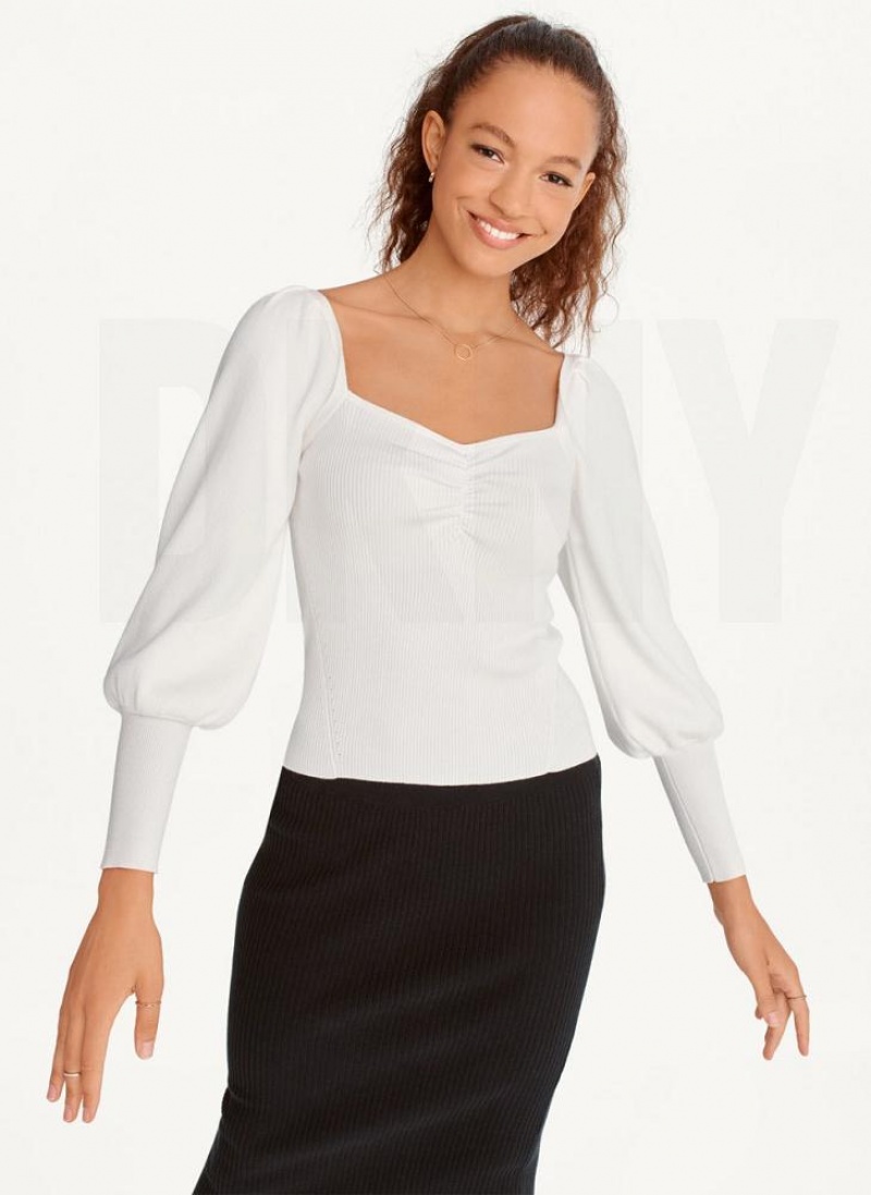 White DKNY Puff-Sleeve Sweatheart Women's Sweaters | USA-D1119