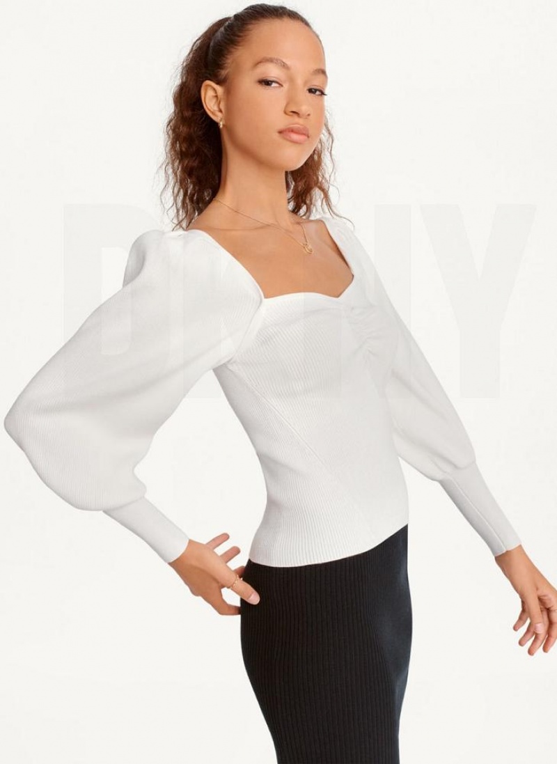 White DKNY Puff-Sleeve Sweatheart Women\'s Sweaters | USA-D1119