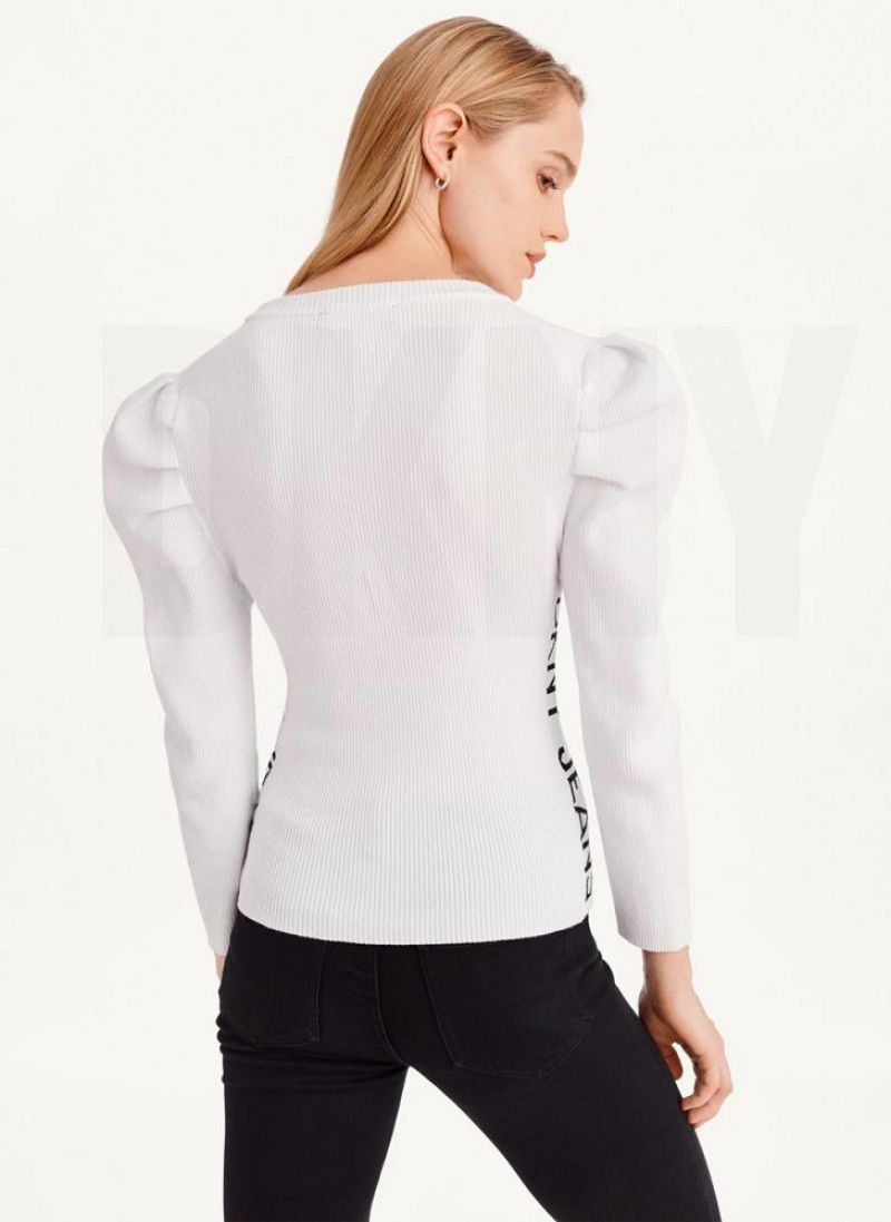 White DKNY Puff Sleeve Women's Sweaters | USA-D1493