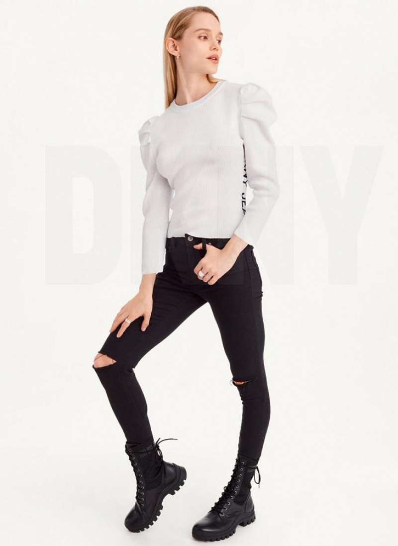 White DKNY Puff Sleeve Women's Sweaters | USA-D1493