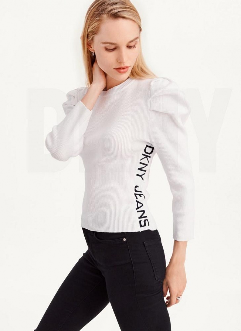 White DKNY Puff Sleeve Women\'s Sweaters | USA-D1493