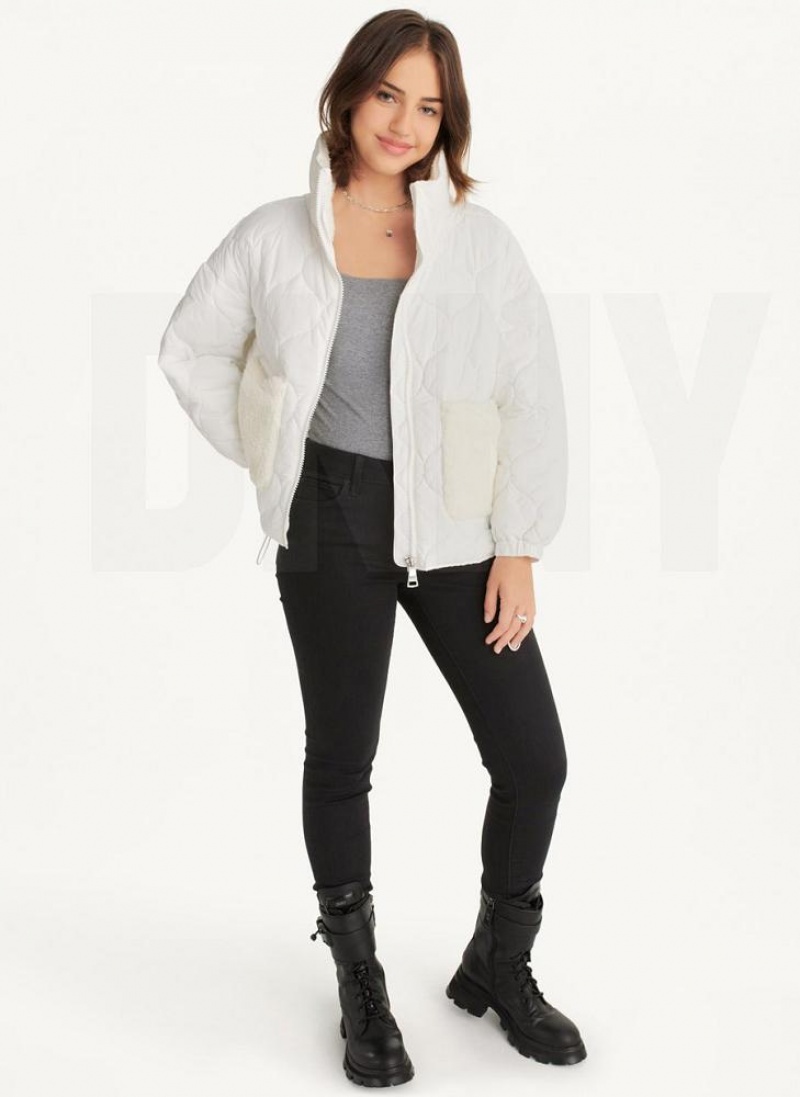 White DKNY Quilted With Sherpa Pockets Women's Coats | USA-D1106