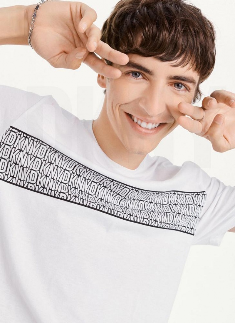 White DKNY Repeated Cross Chest Men's T Shirts | USA-D1970