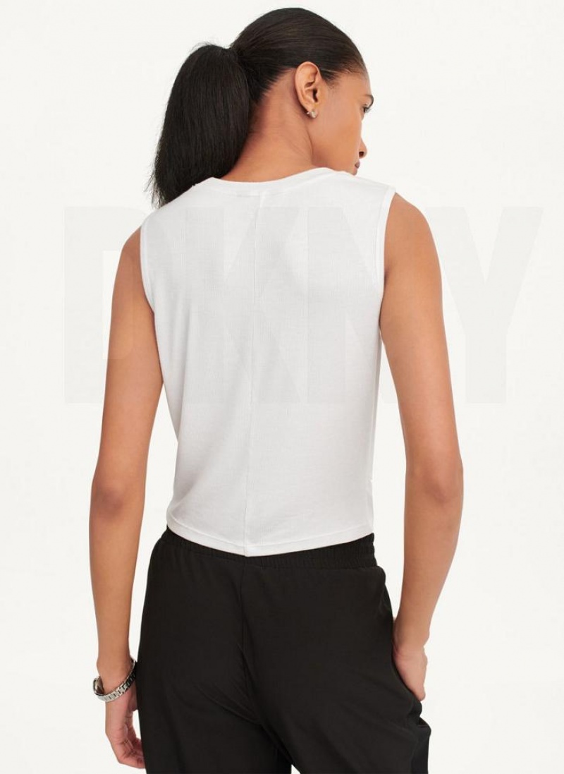 White DKNY Rib Twist Front Women's Tank Tops | USA-D0845