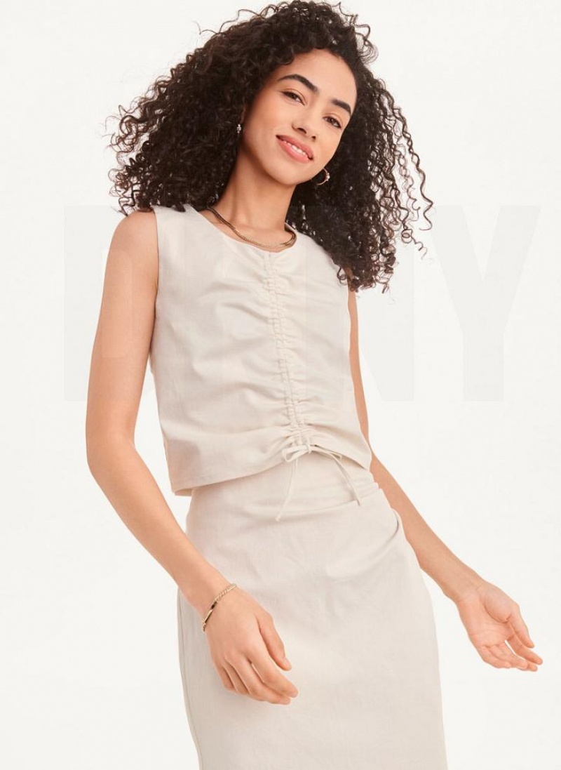 White DKNY Ruched Women\'s Tank Tops | USA-D0750