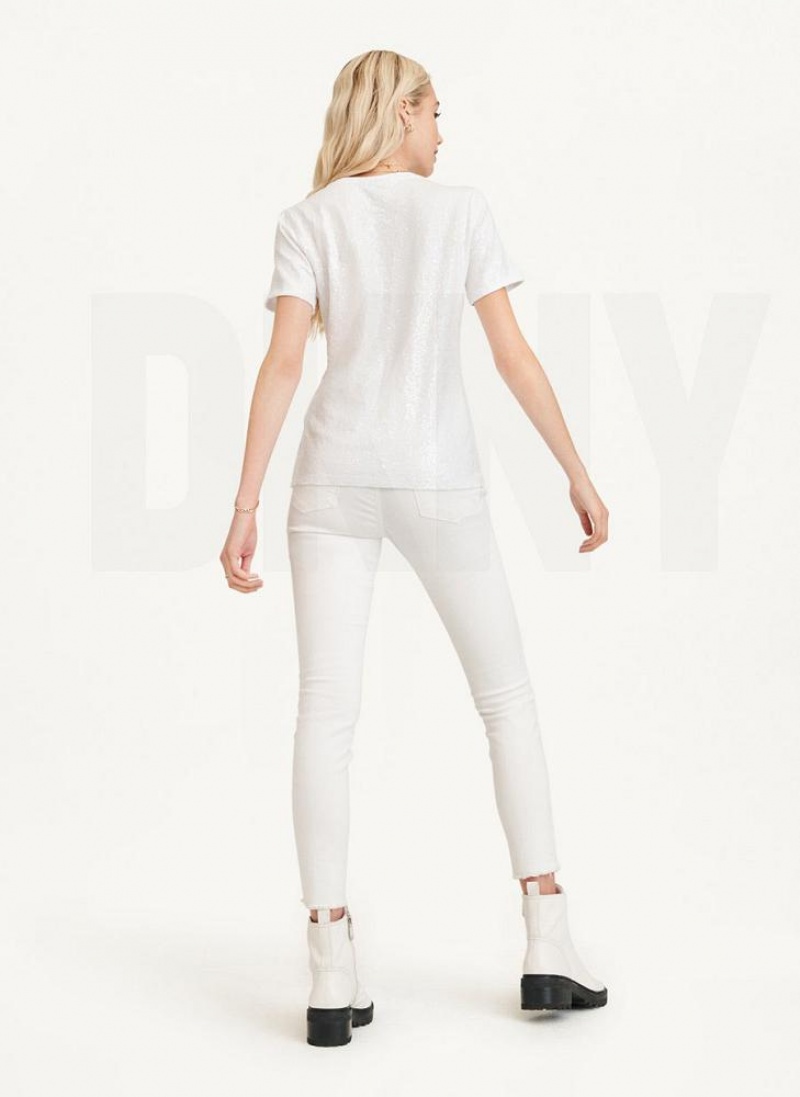 White DKNY Sequined Women's T Shirts | USA-D1930