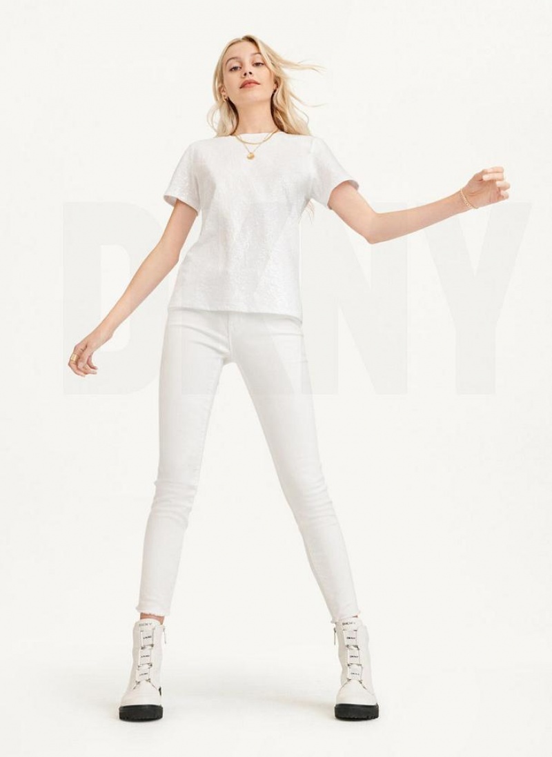 White DKNY Sequined Women's T Shirts | USA-D1930