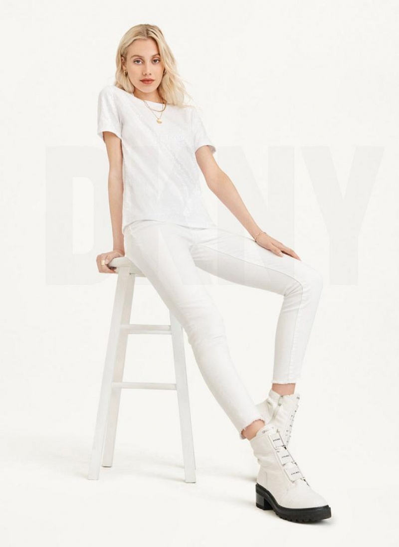 White DKNY Sequined Women's T Shirts | USA-D1930