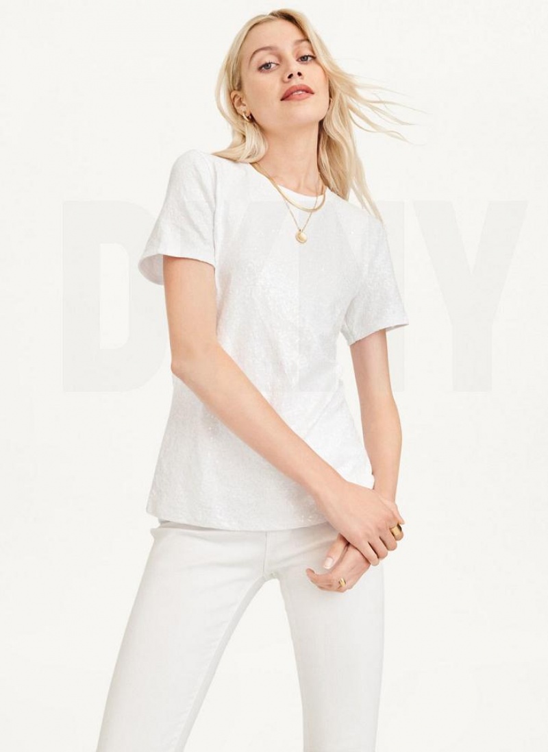 White DKNY Sequined Women's T Shirts | USA-D1930