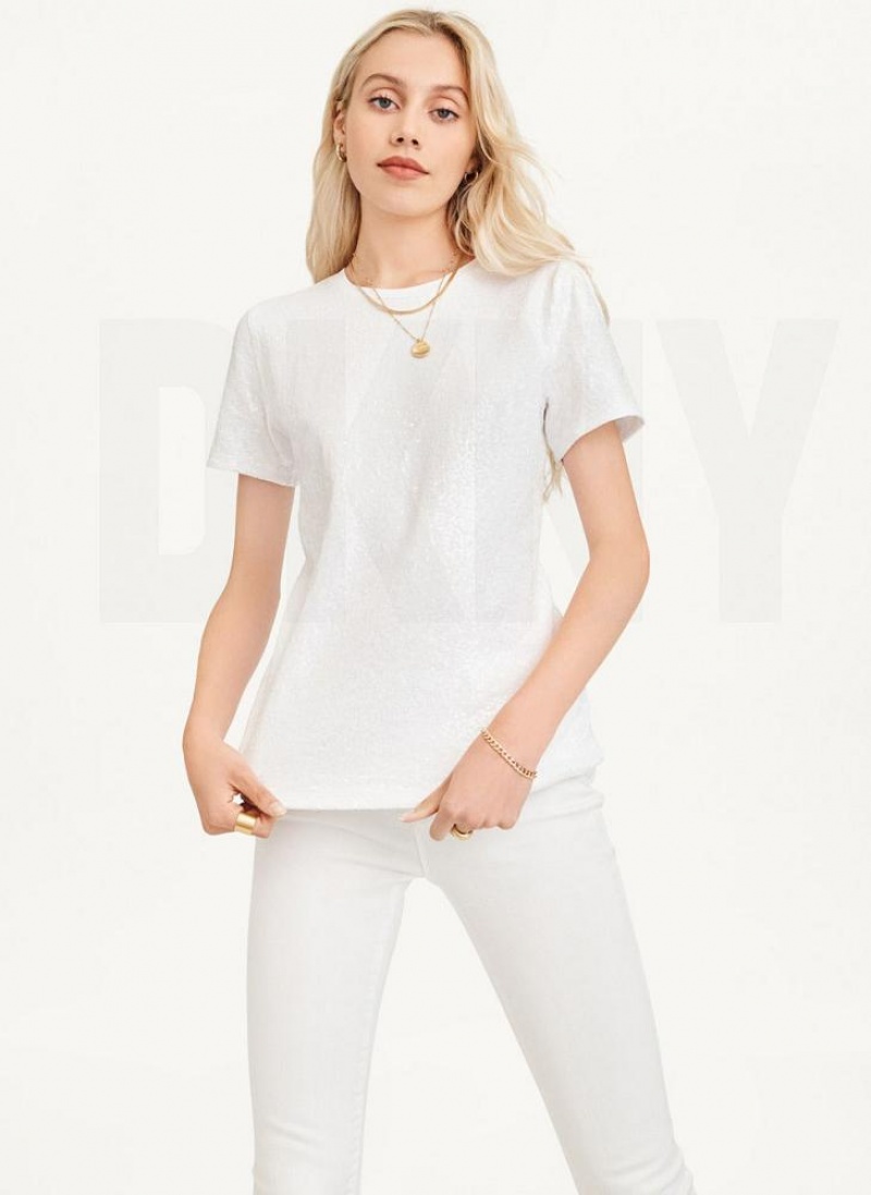 White DKNY Sequined Women's T Shirts | USA-D1930