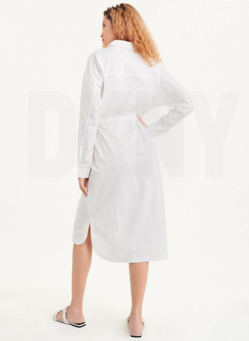 White DKNY Shirt with Elastic Waist Women's Dresses | USA-D0938