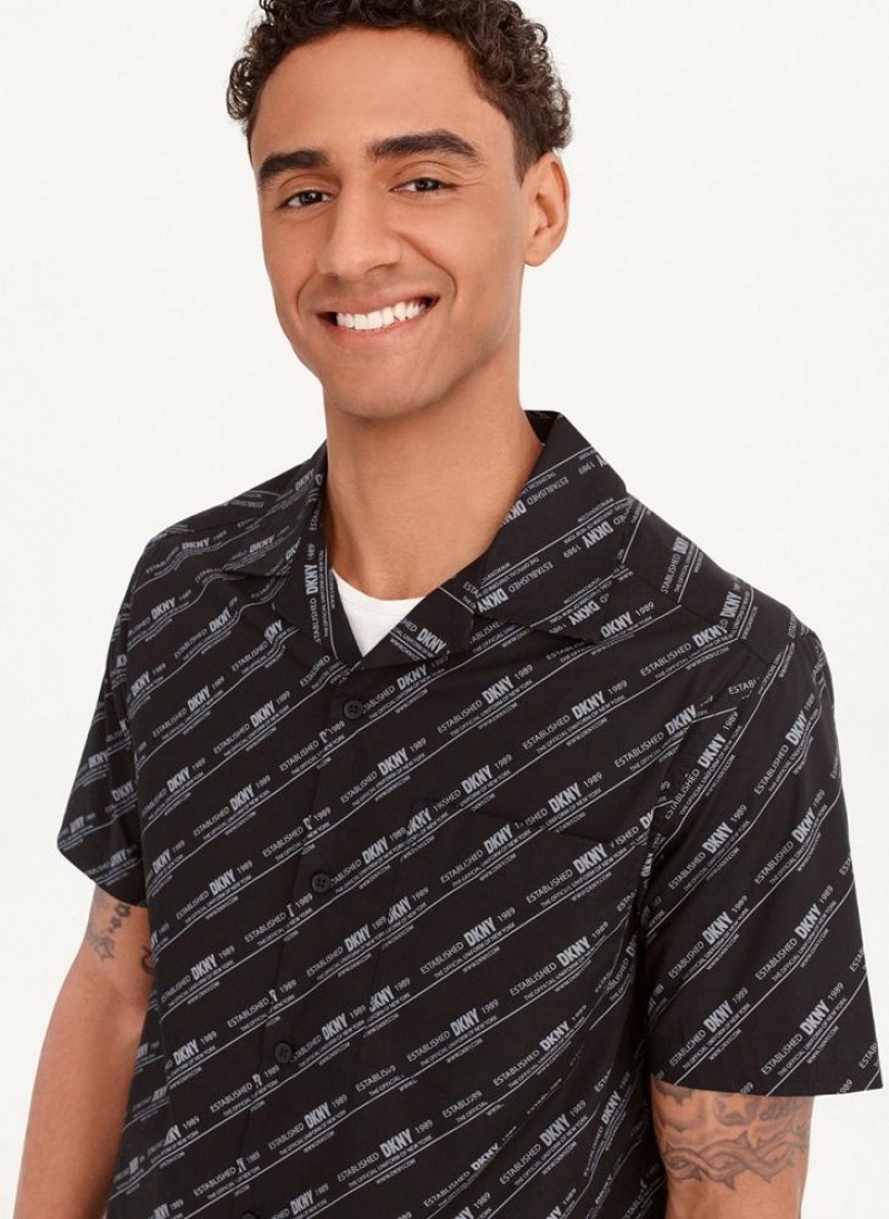 White DKNY Short Sleeve Camp Allover Stripe Logo Men's Shirts | USA-D1502