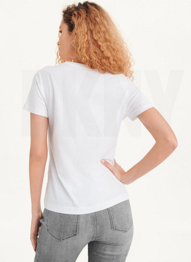 White DKNY Short Sleeve City Logo Women's T Shirts | USA-D0888