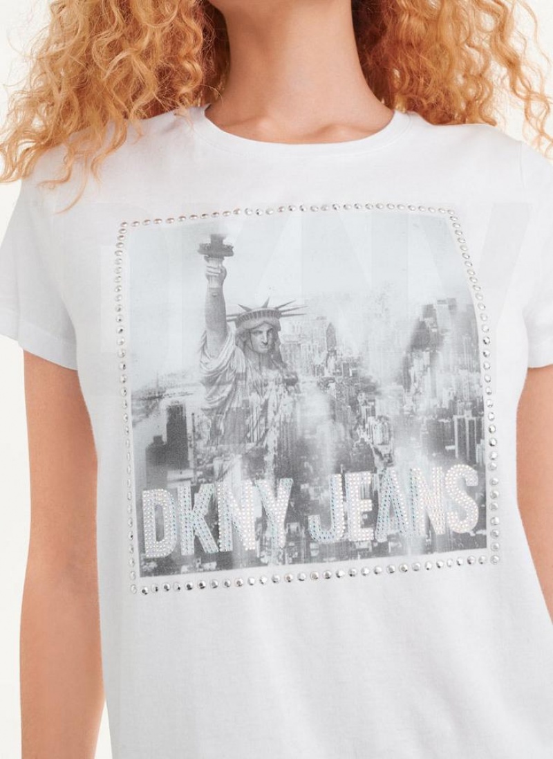 White DKNY Short Sleeve City Logo Women's T Shirts | USA-D0888