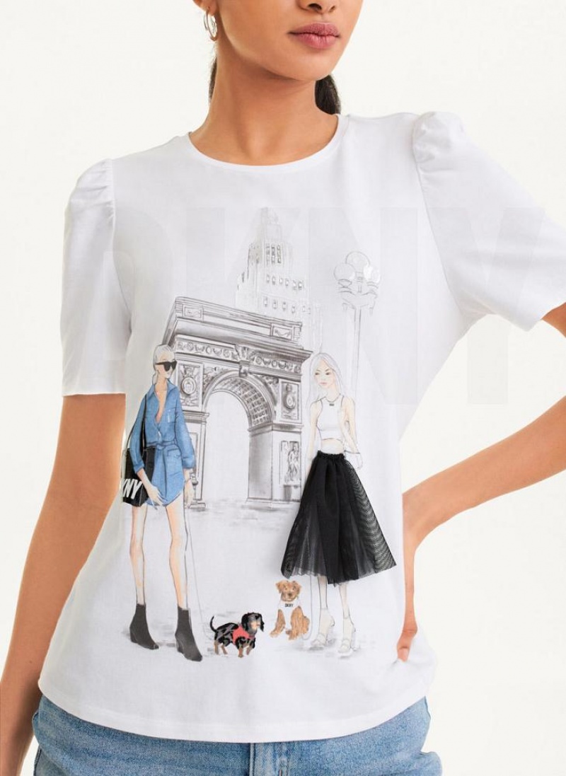 White DKNY Short Sleeve Conversational Women's T Shirts | USA-D1747