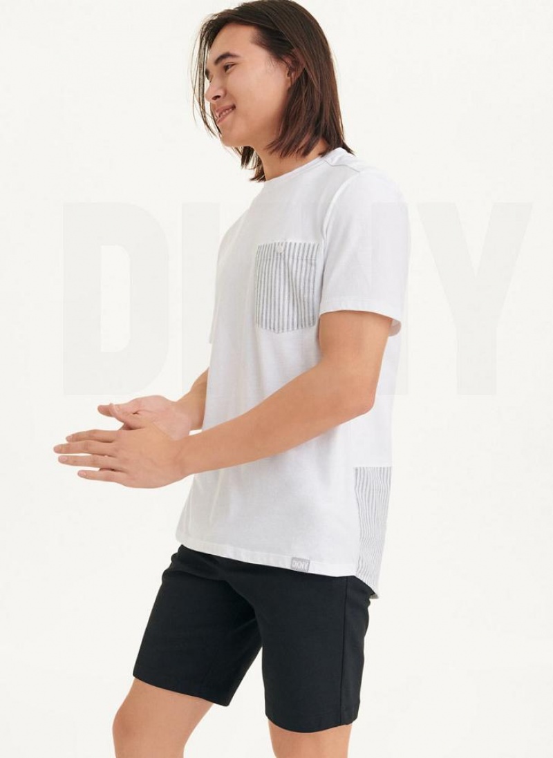 White DKNY Short Sleeve Crew Contrast Pocket Men's T Shirts | USA-D1414