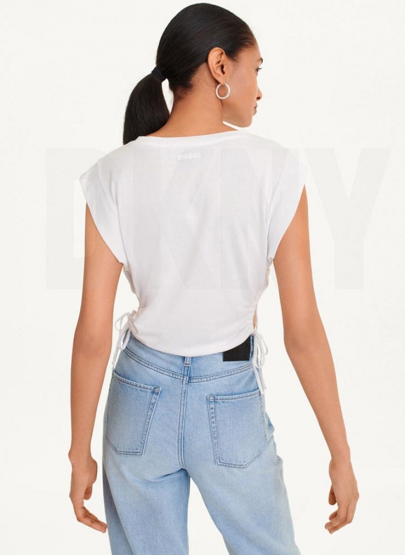 White DKNY Short Sleeve Side Cut Women's T Shirts | USA-D0874