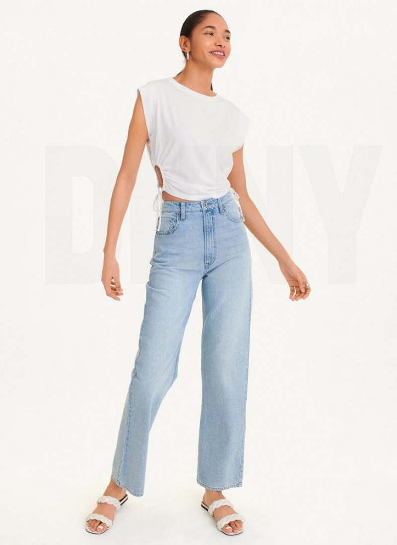 White DKNY Short Sleeve Side Cut Women's T Shirts | USA-D0874