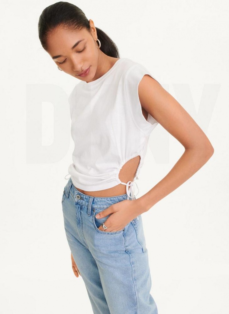 White DKNY Short Sleeve Side Cut Women\'s T Shirts | USA-D0874