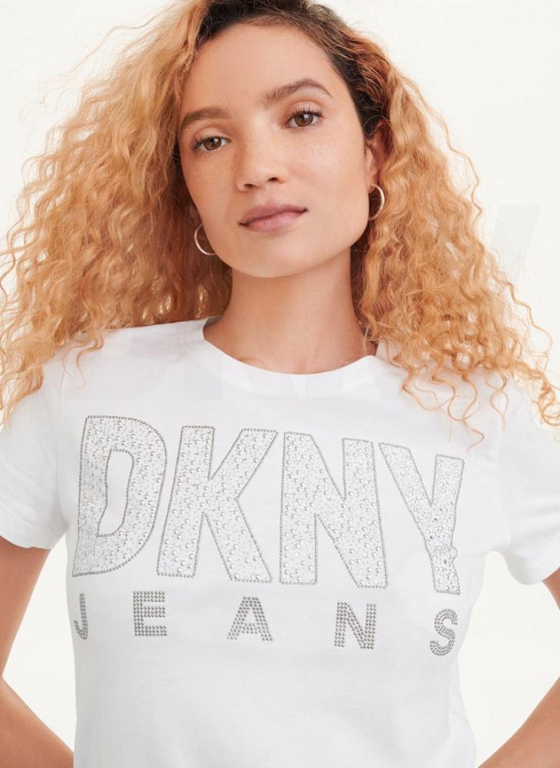White DKNY Short Sleeve Stud Logo Women's T Shirts | USA-D1337