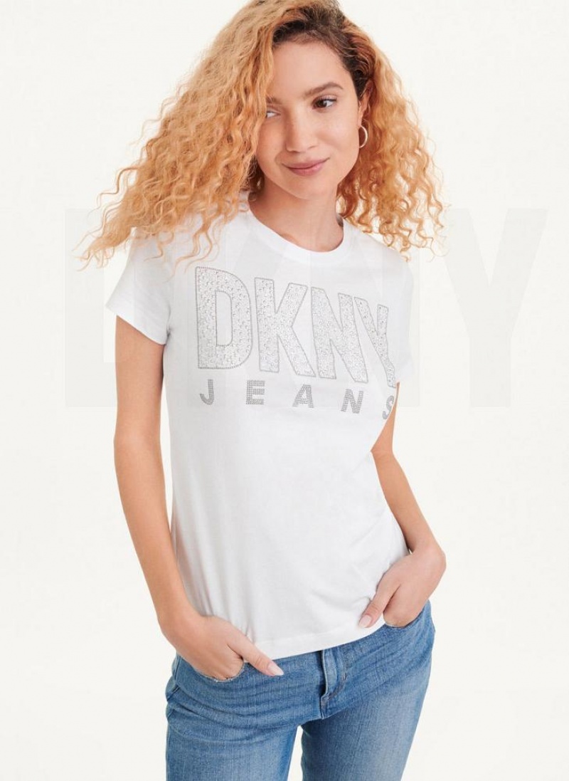 White DKNY Short Sleeve Stud Logo Women\'s T Shirts | USA-D1337