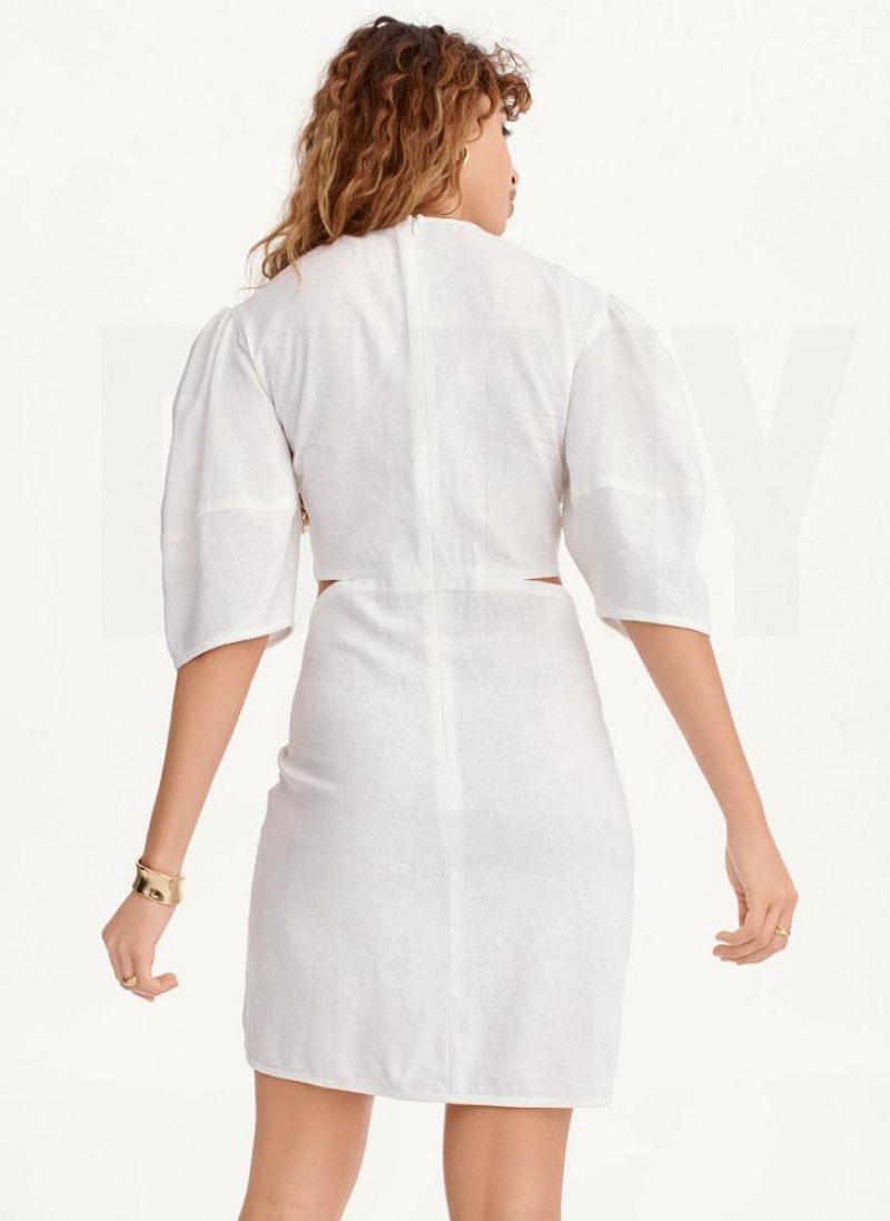 White DKNY Side Cut Linen Mini Women's Dresses | USA-D1954