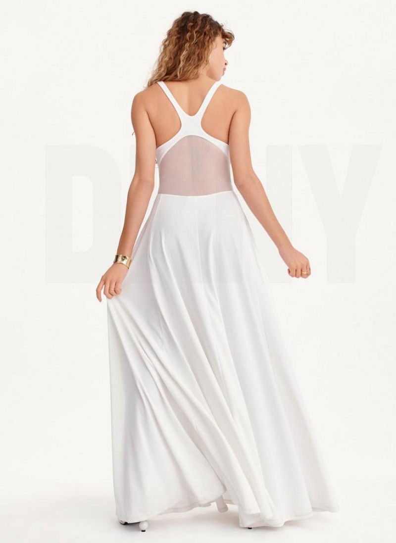 White DKNY Side Slit Mesh Detail Maxi Women's Dresses | USA-D1738