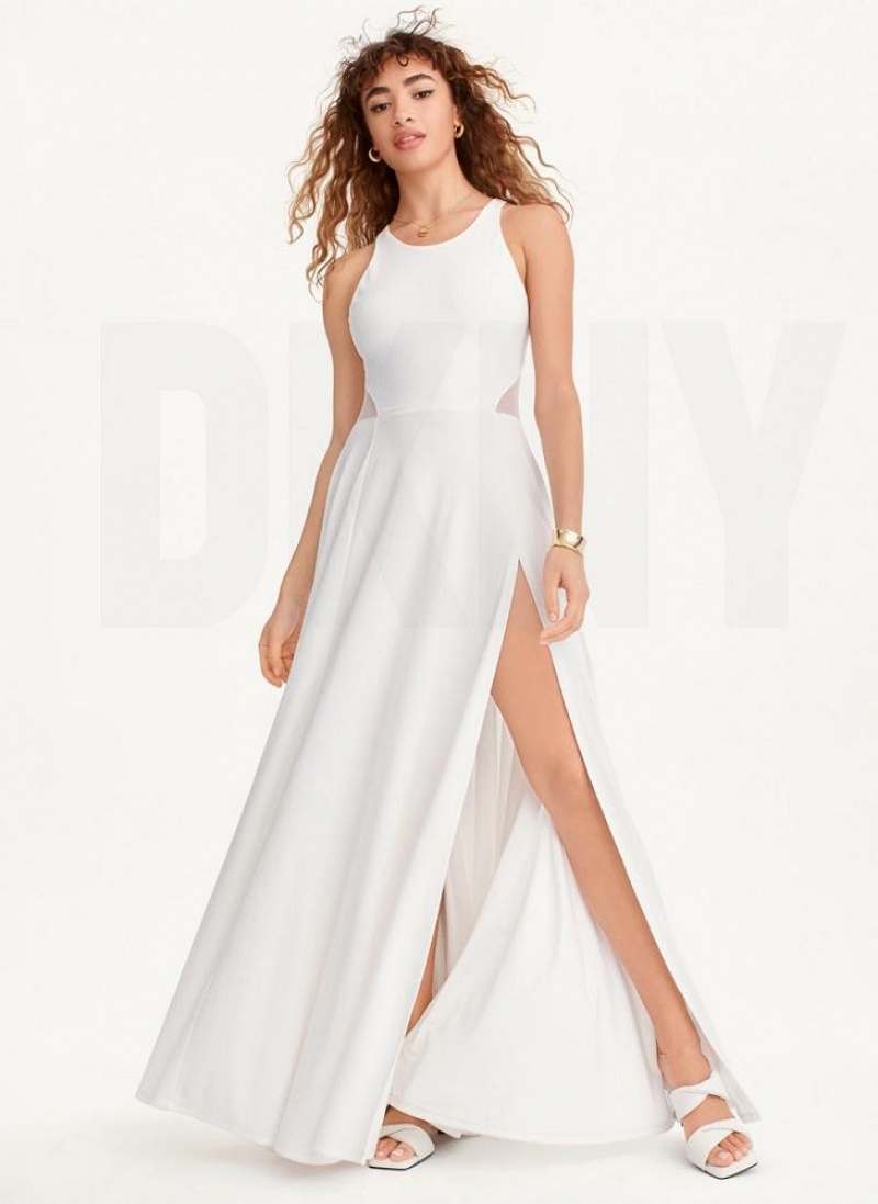White DKNY Side Slit Mesh Detail Maxi Women's Dresses | USA-D1738