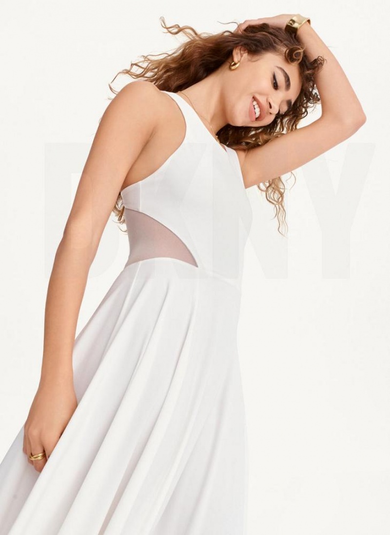 White DKNY Side Slit Mesh Detail Maxi Women's Dresses | USA-D1738