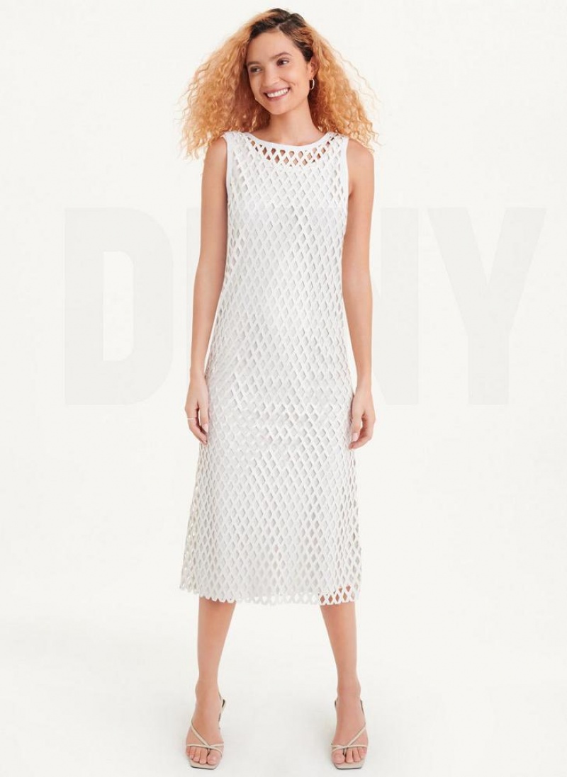 White DKNY Sleeveless Perforated A-Line Women's Dresses | USA-D1551