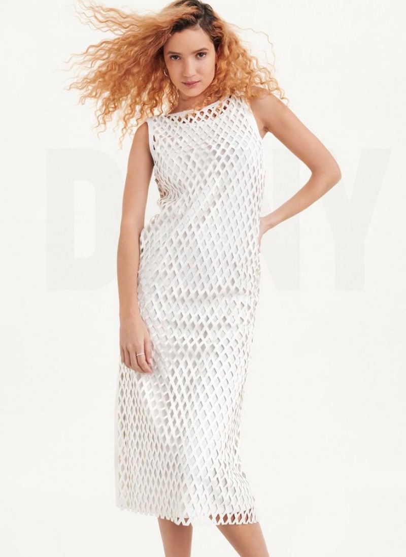 White DKNY Sleeveless Perforated A-Line Women\'s Dresses | USA-D1551