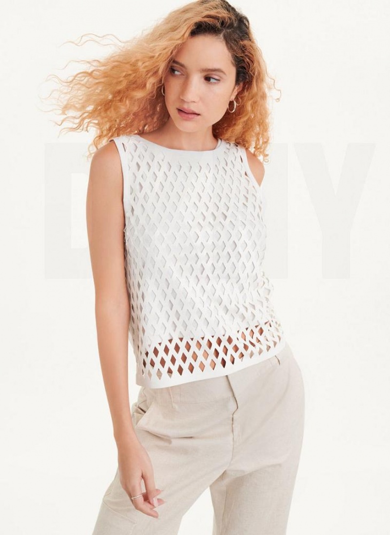 White DKNY Sleeveless Perforated Women\'s Tank Tops | USA-D1922