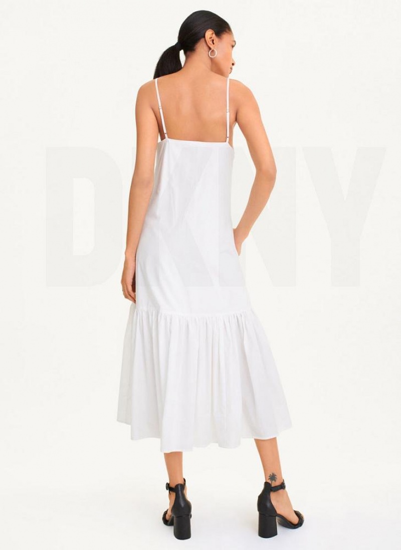 White DKNY Sleeveless V-Neck Poplin Women's Dresses | USA-D0756