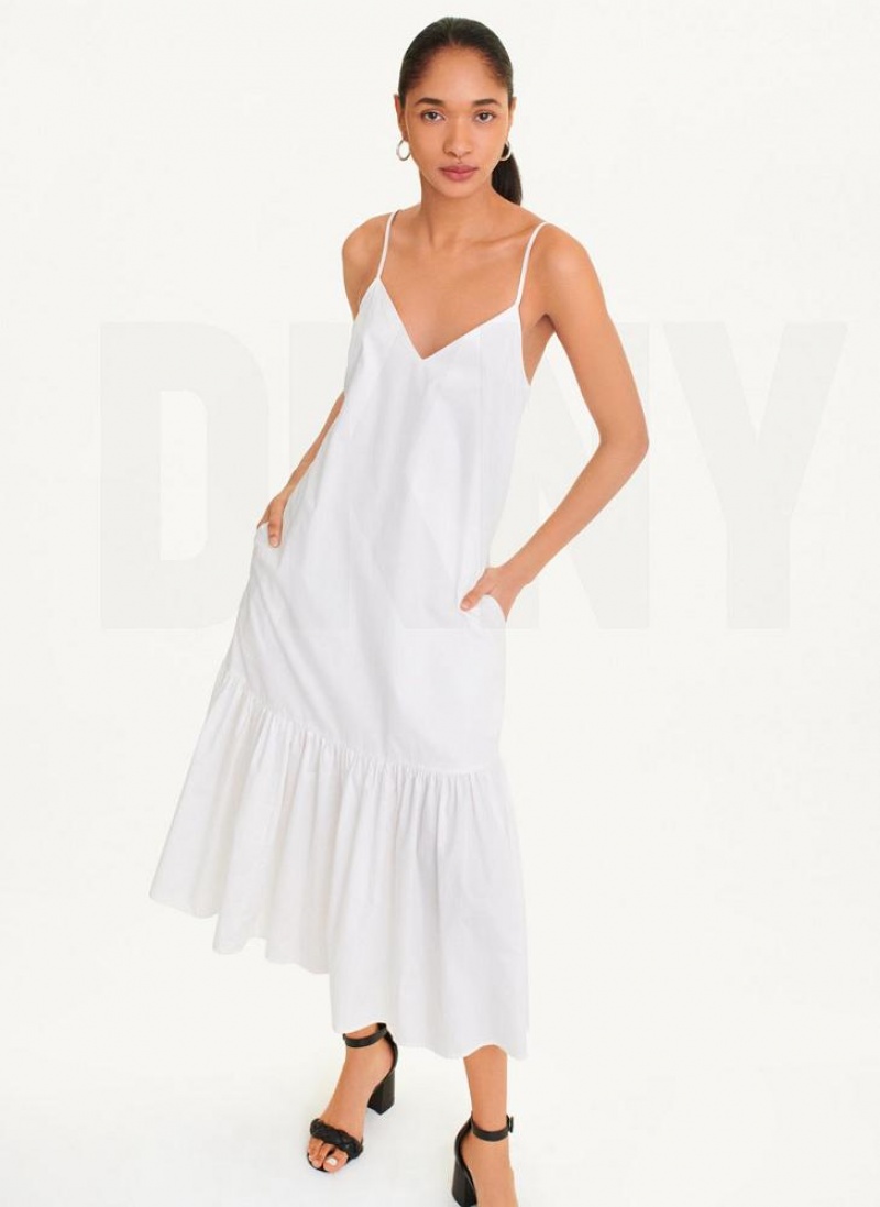 White DKNY Sleeveless V-Neck Poplin Women's Dresses | USA-D0756