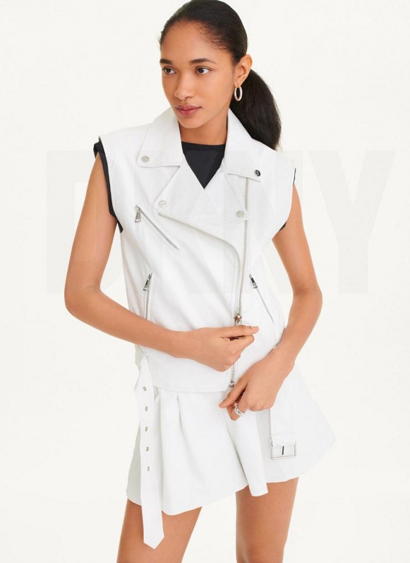 White DKNY Sleeveless Vegan Leather Moto Women's Jackets | USA-D1698
