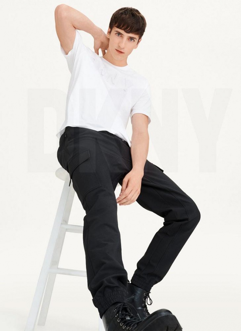 White DKNY Stamped Logo Men's T Shirts | USA-D1625