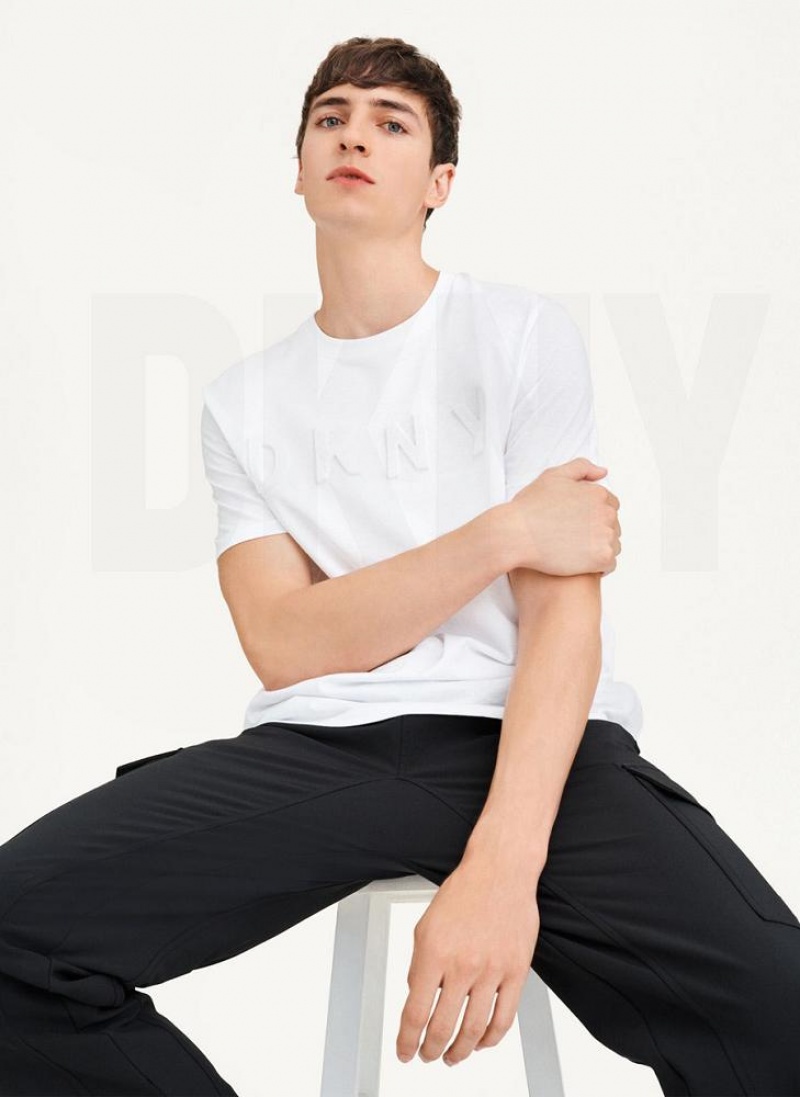 White DKNY Stamped Logo Men's T Shirts | USA-D1625