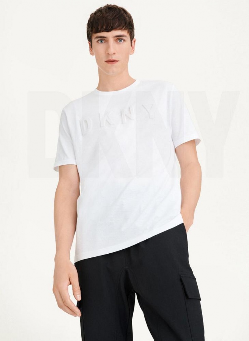 White DKNY Stamped Logo Men's T Shirts | USA-D1625